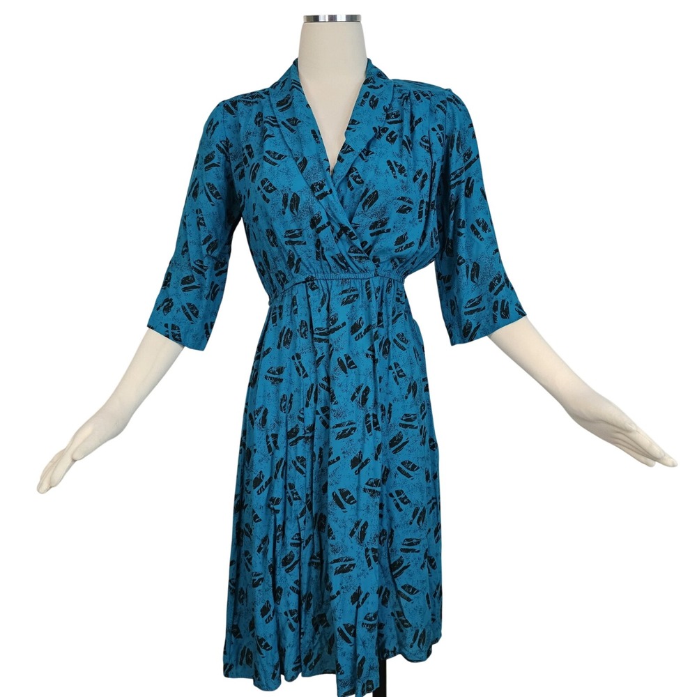 Vintage 1980's Dress Abstract Print Blue Black Collar V Neck Half Sleeve Gown